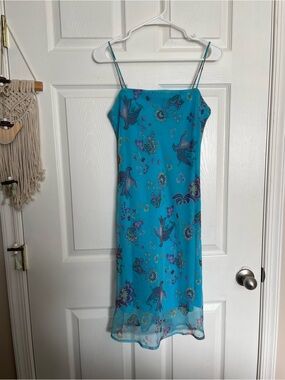 Y2K Vintage City Triangles Size 5 Blue Floral Slip Dress w Spaghetti Straps